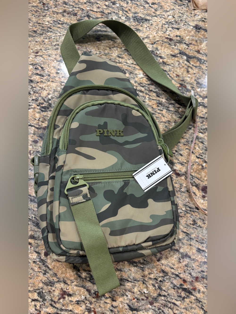 PINK Victoria's Secret Olive Green Camo Sling Backpack